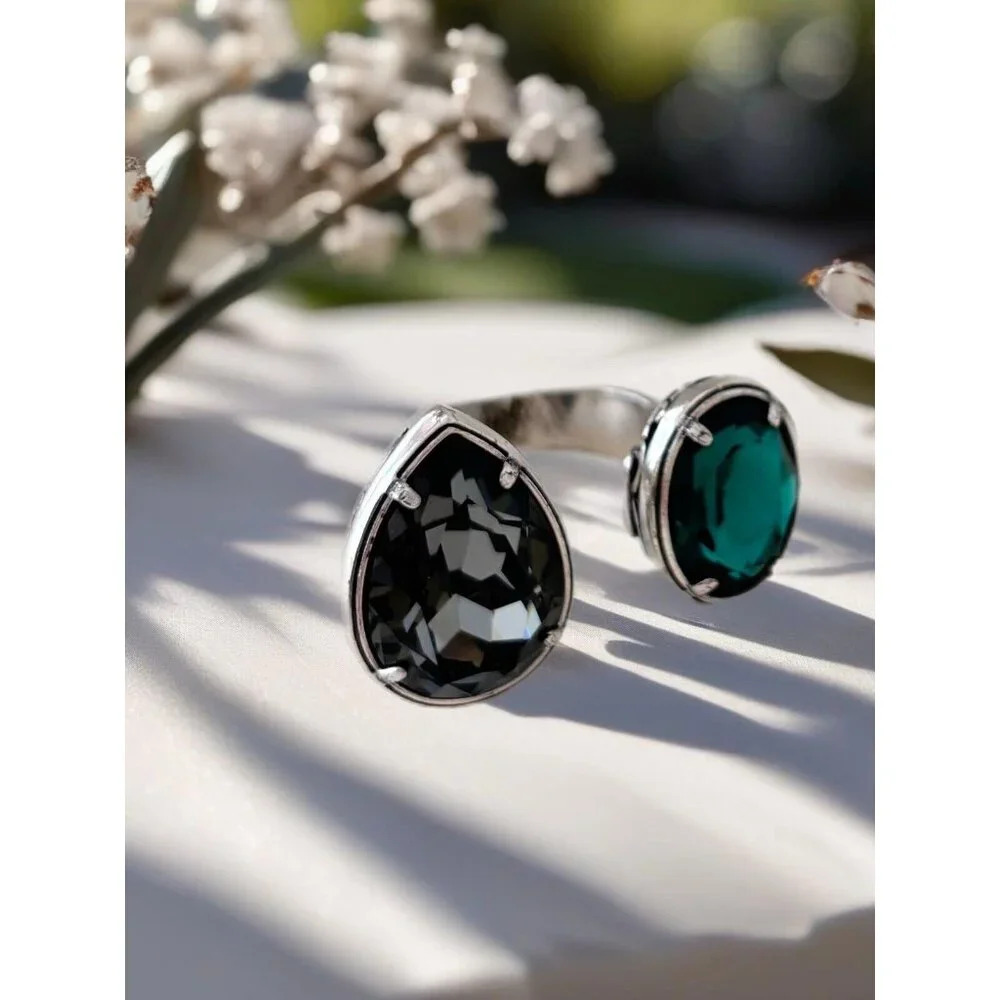 Brighton Graceful Teardrop J61900 Silver Night & Emerald Swarovski Ring Sz 6